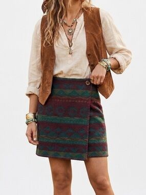 Vintage Wool-Blend Aztec Geometric Wrap Mini Skirt Size Small Boho